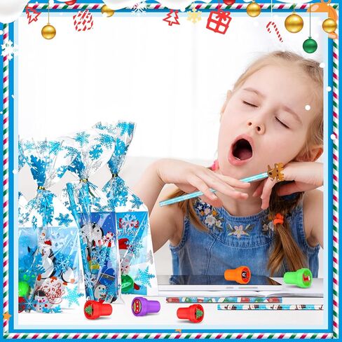Zhanmai 168 Pcs Christmas School Stationery Set Includes 24 Christmas Pencils 24 Erasers 24 Sharpeners 24 Stickers 24 Mini Notebooks 24 Stamps 24 Gift Bags for Xmas Party Favors (Snowflake Style) in Saudi Arabia