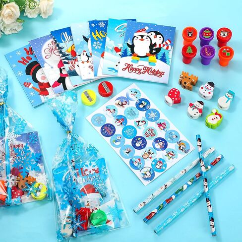 Zhanmai 168 Pcs Christmas School Stationery Set Includes 24 Christmas Pencils 24 Erasers 24 Sharpeners 24 Stickers 24 Mini Notebooks 24 Stamps 24 Gift Bags for Xmas Party Favors (Snowflake Style) in Saudi Arabia