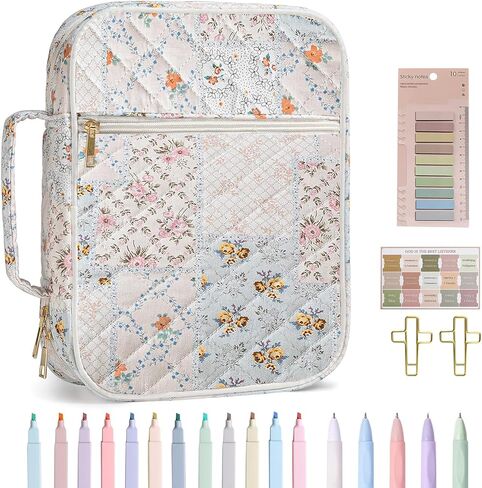 حافظة غطاء الكتاب المقدس للنساء، حقيبة كبيرة للكتاب المقدس مع لوازم دراسة الكتاب المقدس وإكسسوارات هدايا مسيحية للنساء، محمولة بمقبض قوي وأقلام تحديد، زهرة زرقاء in Kuwait