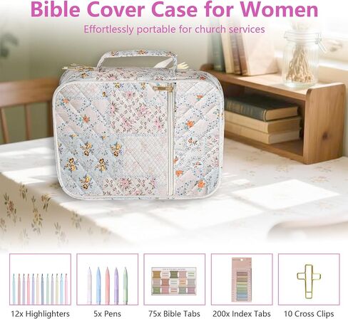 حافظة غطاء الكتاب المقدس للنساء، حقيبة كبيرة للكتاب المقدس مع لوازم دراسة الكتاب المقدس وإكسسوارات هدايا مسيحية للنساء، محمولة بمقبض قوي وأقلام تحديد، زهرة زرقاء in Kuwait