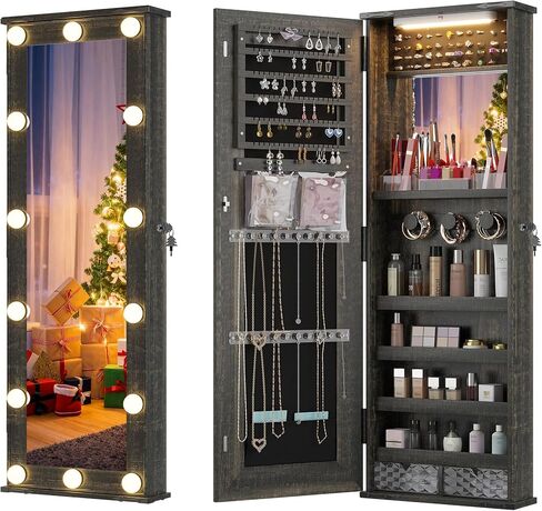 360° Swivel Jewelry Cabinet with Mirror Full-Length, Standing Mirror with Jewelry Storage Organizer, Jewelry Armoire with Mirror & Lights & 4-Tier Shelves, Gray in Kuwait