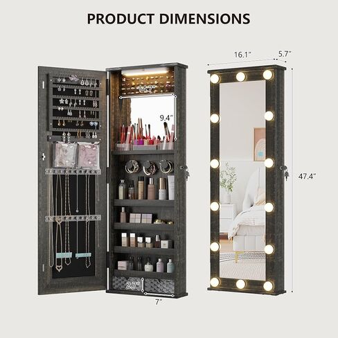 360° Swivel Jewelry Cabinet with Mirror Full-Length, Standing Mirror with Jewelry Storage Organizer, Jewelry Armoire with Mirror & Lights & 4-Tier Shelves, Gray in Kuwait