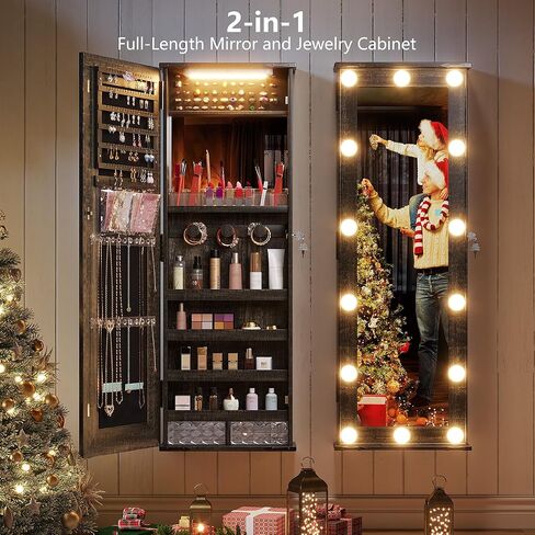 360° Swivel Jewelry Cabinet with Mirror Full-Length, Standing Mirror with Jewelry Storage Organizer, Jewelry Armoire with Mirror & Lights & 4-Tier Shelves, Gray in Kuwait