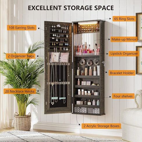 360° Swivel Jewelry Cabinet with Mirror Full-Length, Standing Mirror with Jewelry Storage Organizer, Jewelry Armoire with Mirror & Lights & 4-Tier Shelves, Gray in Kuwait