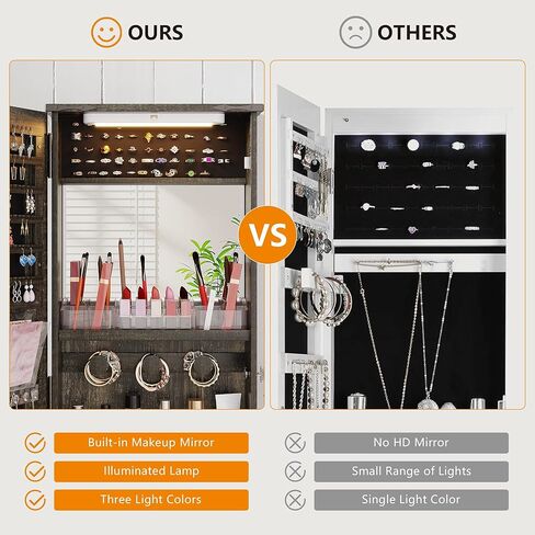 360° Swivel Jewelry Cabinet with Mirror Full-Length, Standing Mirror with Jewelry Storage Organizer, Jewelry Armoire with Mirror & Lights & 4-Tier Shelves, Gray in Kuwait