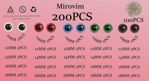 Mirovim 200pcs Safety Eyes for Amigurumi with Washers, Colorful Plastic Eyes in 5 Sizes (10/12/14/16/18mm), Crochet Craft Supplies for Stuffed Animals, Dolls & DIY Projects, Ideal Gift for Crafters in Saudi Arabia