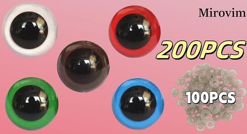 Mirovim 200pcs Safety Eyes for Amigurumi with Washers, Colorful Plastic Eyes in 5 Sizes (10/12/14/16/18mm), Crochet Craft Supplies for Stuffed Animals, Dolls & DIY Projects, Ideal Gift for Crafters in Saudi Arabia