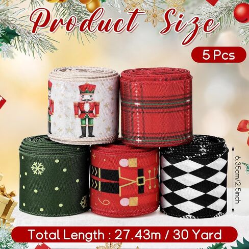 Christmas Wired Ribbons 2.5 Inch 5 Roll 30 Yards Gingerbread Red Green Plaid Christmas Ribbon Wired Edge to Shape for Xmas Tree Decorations Wedding Gifts Packaging Bow DIY Crafts in Saudi Arabia