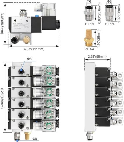 Baomain 4 Space Pneumatic Solenoid Valve 3V210-08 24VDC PT1/4 2 Position 3 Way with Base Muffler Quick Fittings Set in Saudi Arabia