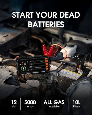 Solar Jump Starter, 5000A Peak 12V Car Battery Jump Starter for Up to 10.0L Gas & 6.0L Diesel Engines, Portable Car Jump Starter, Jumper Cables & Solar Power Bank,Gray in Saudi Arabia