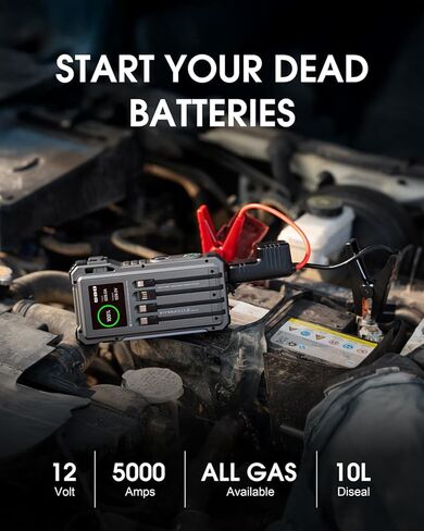 Solar Jump Starter, 5000A Peak 12V Car Battery Jump Starter for Up to 10.0L Gas & 6.0L Diesel Engines, Portable Car Jump Starter, Jumper Cables & Solar Power Bank,Gray in Saudi Arabia