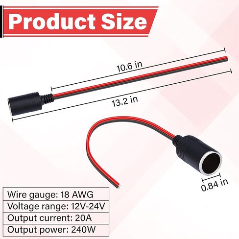 18 AWG Female Cigarette Lighter Socket, with Bare Wire Open End Cable, 1FT 12/24V Outlet Socket, Car Charger Power Cigarettes Lighters, Auto Charger Power Cord in Kuwait