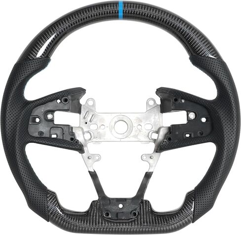 Carbon Fiber Steering Wheel D-Shaped Flat Bottom Perforated Leather Grip for Honda Civic Gen 10th 2016-2021,Type R FK8 2016 2017 2018 2019 2020 2021 (Blue Positioning Line) in Saudi Arabia