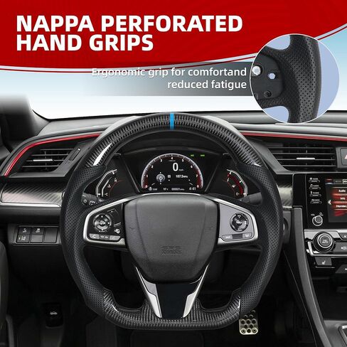 Carbon Fiber Steering Wheel D-Shaped Flat Bottom Perforated Leather Grip for Honda Civic Gen 10th 2016-2021,Type R FK8 2016 2017 2018 2019 2020 2021 (Blue Positioning Line) in Saudi Arabia