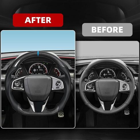 Carbon Fiber Steering Wheel D-Shaped Flat Bottom Perforated Leather Grip for Honda Civic Gen 10th 2016-2021,Type R FK8 2016 2017 2018 2019 2020 2021 (Blue Positioning Line) in Saudi Arabia