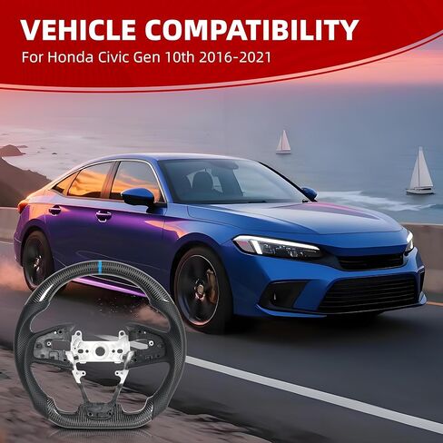 Carbon Fiber Steering Wheel D-Shaped Flat Bottom Perforated Leather Grip for Honda Civic Gen 10th 2016-2021,Type R FK8 2016 2017 2018 2019 2020 2021 (Blue Positioning Line) in Saudi Arabia