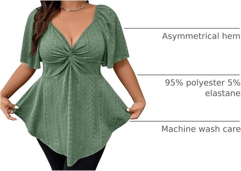 OYOANGLE Women's Plus Size Twist Front Short Sleeve Sweetheart Neck Asymmetrical Hem Blouses Solid Peplum Tops in Kuwait
