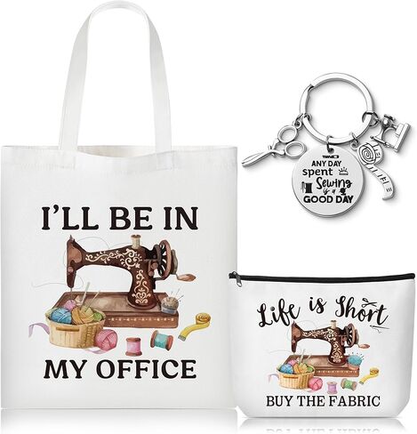 3Pcs Sewing Tote Bag Canvas Bag with Keychain, Funny Quilting Sewing Gifts for Seamstress Women Sewing Lovers Mom, Sewing Cosmetic Bag Organizer Makeup Pouch Sew Machine Themed Mother’s Day Gift in Saudi Arabia