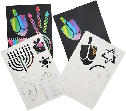 The Dreidel Company 4-Pack Hanukkah Scratch Stencil Art Kit, Rainbow Scratch Art, Bookmarks & Holiday Themed Shapes, Magic Drawing Coloring Sheet Set for Kids Gifts Home Activities (4-Pack) in Saudi Arabia
