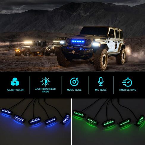 RGB LED Grille Lights Compatible with 2024 2025 Jeep Wrangler JL JLU Gladiator JT, 5PCS Color-Changing Front Grill Lights, APP Control, Music Sync, IP68 Waterproof, Easy Plug & Play Install in Kuwait