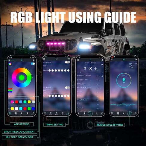 RGB LED Grille Lights Compatible with 2024 2025 Jeep Wrangler JL JLU Gladiator JT, 5PCS Color-Changing Front Grill Lights, APP Control, Music Sync, IP68 Waterproof, Easy Plug & Play Install in Kuwait