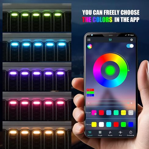 RGB LED Grille Lights Compatible with 2024 2025 Jeep Wrangler JL JLU Gladiator JT, 5PCS Color-Changing Front Grill Lights, APP Control, Music Sync, IP68 Waterproof, Easy Plug & Play Install in Kuwait