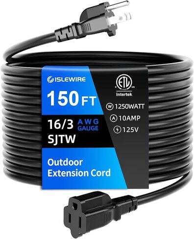 10 FT Outdoor Extension Cord Waterproof, Black, 3-Prong Power Cord, 16 AWG SJTW, 13A 1625W, Grounded, General Purpose Long Extension Cord for Lawn & Garden, ETL Listed in Saudi Arabia