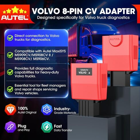 Autel Original MaxiSYS 8-Pin CV محول لفولفو، 8 دبابيس إلى Obd2 16 دبابيس لموصل كابل فولفو للطرق الوعرة، العمل مع Autel Heavy Duty Truck Scanner MS908CV MS908CV II MS909CV MS906CV MaxiFlash VCI in Saudi Arabia
