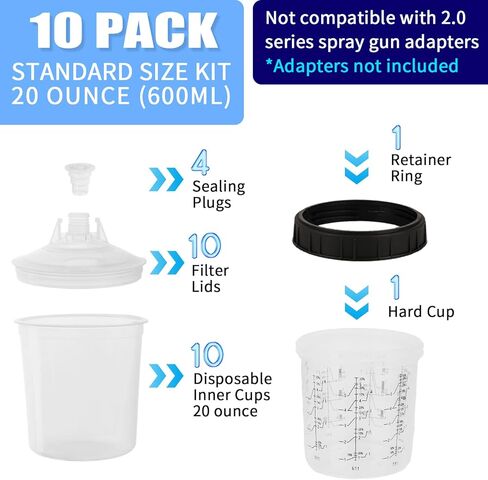 كوب مسدس رش الطلاء القابل للتصرف 600 مل لمسدس طلاء السيارات، مسدس طلاء رش الطلاء HVLP، 10 عبوات بحجم قياسي 20 أونصة طقم أكواب خلط الطلاء - 10 بطانات أكواب، 10 أغطية مع مصفاة، 1 كوب صلب in Kuwait