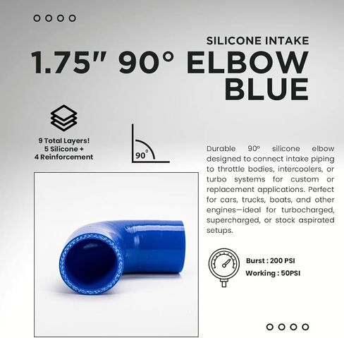 Silicone 90° Elbow Intake Hose with 2 T-Bolt Clamps – 1.75" Diameter, Black – 4-Ply Reinforced, High Temp, 200 PSI – Universal Turbo, Intercooler, Cold Air & Engine Applications in Saudi Arabia