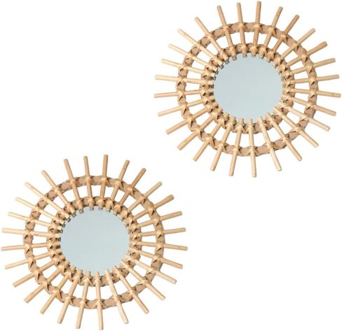 2 Pack 11" Rattan Innovative Art Decoration Round Makeup Mirror Dressing Bedroom Bathroom Wall Hanging Mirrors Craft Photo Props… in Saudi Arabia
