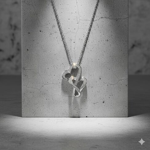 Jewelili Double Heart Necklace Pendant with Natural White Round Diamonds in Sterling Silver 18 inch Rolo Chain in Saudi Arabia