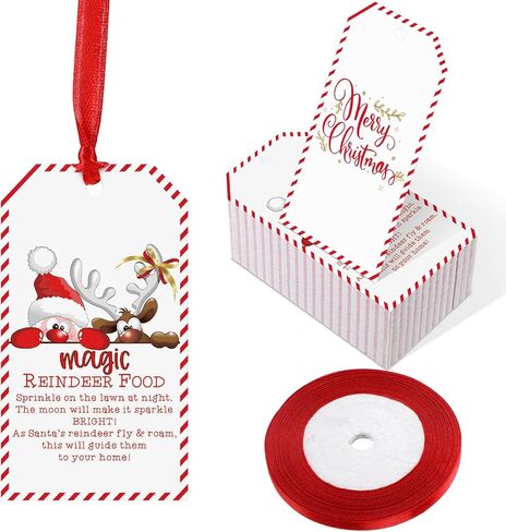 Yexiya 100 Pcs Magic Reindeer Food Tags with 72ft Red Ribbon Santa Christmas Gift Tags for DIY Xmas Holiday Presents Wrap Goodie Cookie Bags Party Favor(Santa) in Saudi Arabia