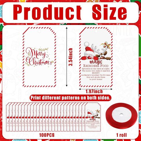 Yexiya 100 Pcs Magic Reindeer Food Tags with 72ft Red Ribbon Santa Christmas Gift Tags for DIY Xmas Holiday Presents Wrap Goodie Cookie Bags Party Favor(Santa) in Saudi Arabia