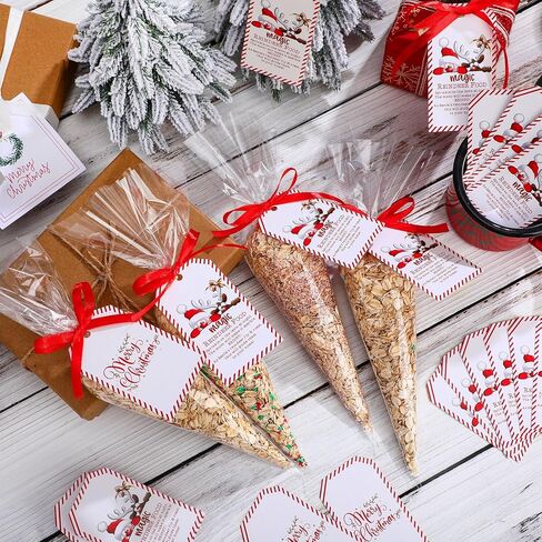Yexiya 100 Pcs Magic Reindeer Food Tags with 72ft Red Ribbon Santa Christmas Gift Tags for DIY Xmas Holiday Presents Wrap Goodie Cookie Bags Party Favor(Santa) in Saudi Arabia