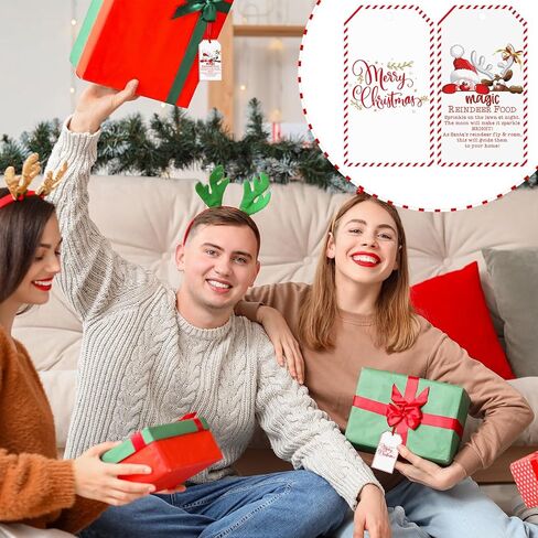 Yexiya 100 Pcs Magic Reindeer Food Tags with 72ft Red Ribbon Santa Christmas Gift Tags for DIY Xmas Holiday Presents Wrap Goodie Cookie Bags Party Favor(Santa) in Saudi Arabia