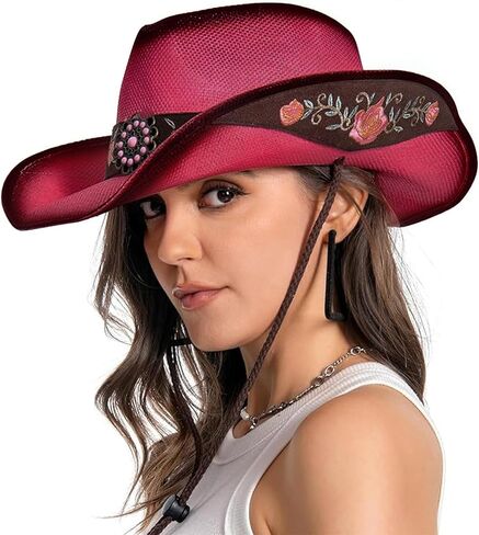 Cowboy Hats for Women, Brown Cowgirl Hats Classic Straw Western Hats for Women Music Festival Party Beach. in Saudi Arabia