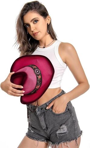 Cowboy Hats for Women, Brown Cowgirl Hats Classic Straw Western Hats for Women Music Festival Party Beach. in Saudi Arabia