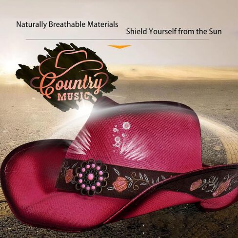 Cowboy Hats for Women, Brown Cowgirl Hats Classic Straw Western Hats for Women Music Festival Party Beach. in Saudi Arabia