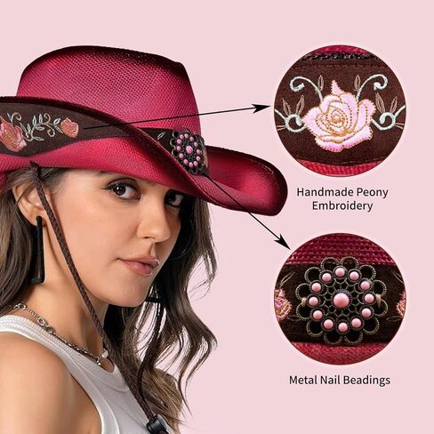 Cowboy Hats for Women, Brown Cowgirl Hats Classic Straw Western Hats for Women Music Festival Party Beach. in Saudi Arabia