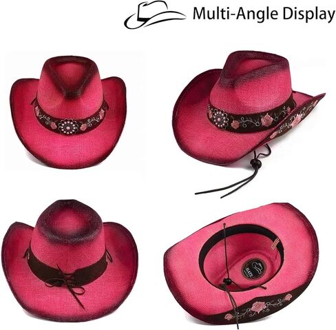 Cowboy Hats for Women, Brown Cowgirl Hats Classic Straw Western Hats for Women Music Festival Party Beach. in Saudi Arabia