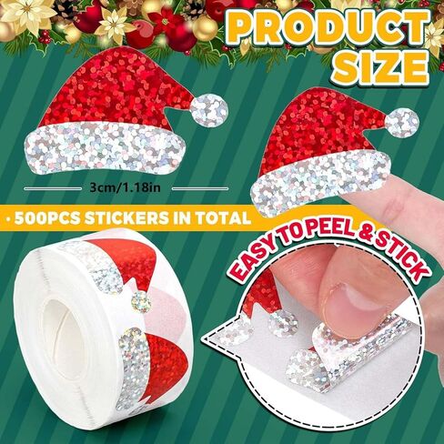 500pcs Red Christmas Santa Hat Stickers with Glittering Adhesive Waterproof Decoration for Holiday Cards, Gifts, Party Decorations, Christmas Accessories in Saudi Arabia