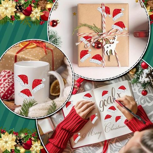 500pcs Red Christmas Santa Hat Stickers with Glittering Adhesive Waterproof Decoration for Holiday Cards, Gifts, Party Decorations, Christmas Accessories in Saudi Arabia