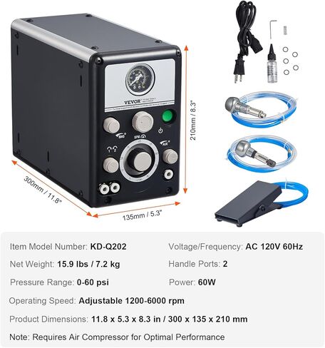 VEVOR 1200-6000 دورة في الدقيقة قابلة للتعديل، آلة هوائية مزدوجة الرأس 60 وات، دواسة صغيرة ذات تأثير DIY، أدوات إعداد الحجر حفارة للمجوهرات وصياغة المعادن، أسود in Kuwait