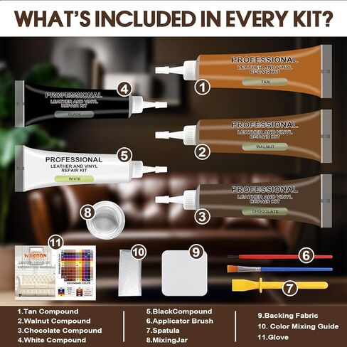 Brown Leather & Vinyl Repair Kit for Furniture, Car Seats, Couch, Purse - Fix Scratches, Tears, Fading on Genuine, Faux, Artificial Leather - Super Easy Instructions with Color Mixing Guide in Saudi Arabia