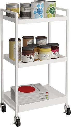 3-Tier Metal Utility Rolling Cart, Heavy Duty Multifunction Rectangular Cart with Lockable Casters, Kitchen Storage Carts Suitable for Office, Bathroom, Kitchen - Black in Saudi Arabia