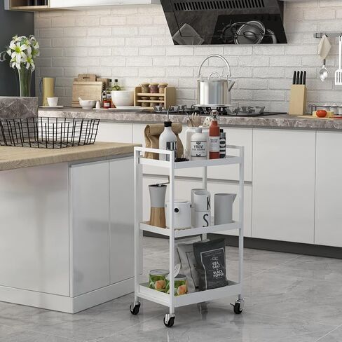 3-Tier Metal Utility Rolling Cart, Heavy Duty Multifunction Rectangular Cart with Lockable Casters, Kitchen Storage Carts Suitable for Office, Bathroom, Kitchen - Black in Saudi Arabia
