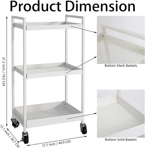 3-Tier Metal Utility Rolling Cart, Heavy Duty Multifunction Rectangular Cart with Lockable Casters, Kitchen Storage Carts Suitable for Office, Bathroom, Kitchen - Black in Saudi Arabia