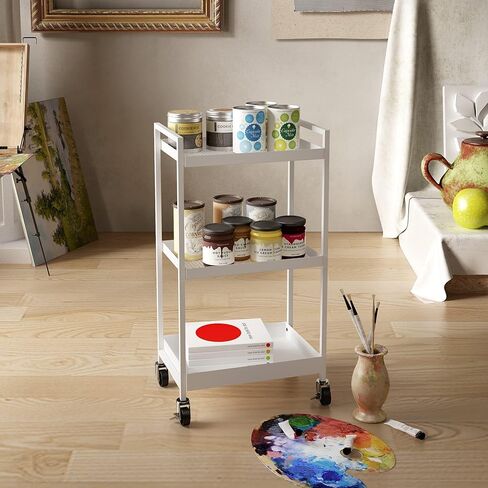 3-Tier Metal Utility Rolling Cart, Heavy Duty Multifunction Rectangular Cart with Lockable Casters, Kitchen Storage Carts Suitable for Office, Bathroom, Kitchen - Black in Saudi Arabia