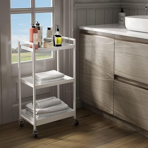 3-Tier Metal Utility Rolling Cart, Heavy Duty Multifunction Rectangular Cart with Lockable Casters, Kitchen Storage Carts Suitable for Office, Bathroom, Kitchen - Black in Saudi Arabia